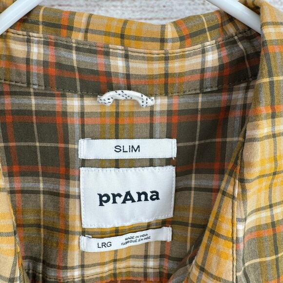 prAna Intrepid Plaid Slim Button Down Shirt Mens Large Yellow Orange Gray - Picture 6 of 9